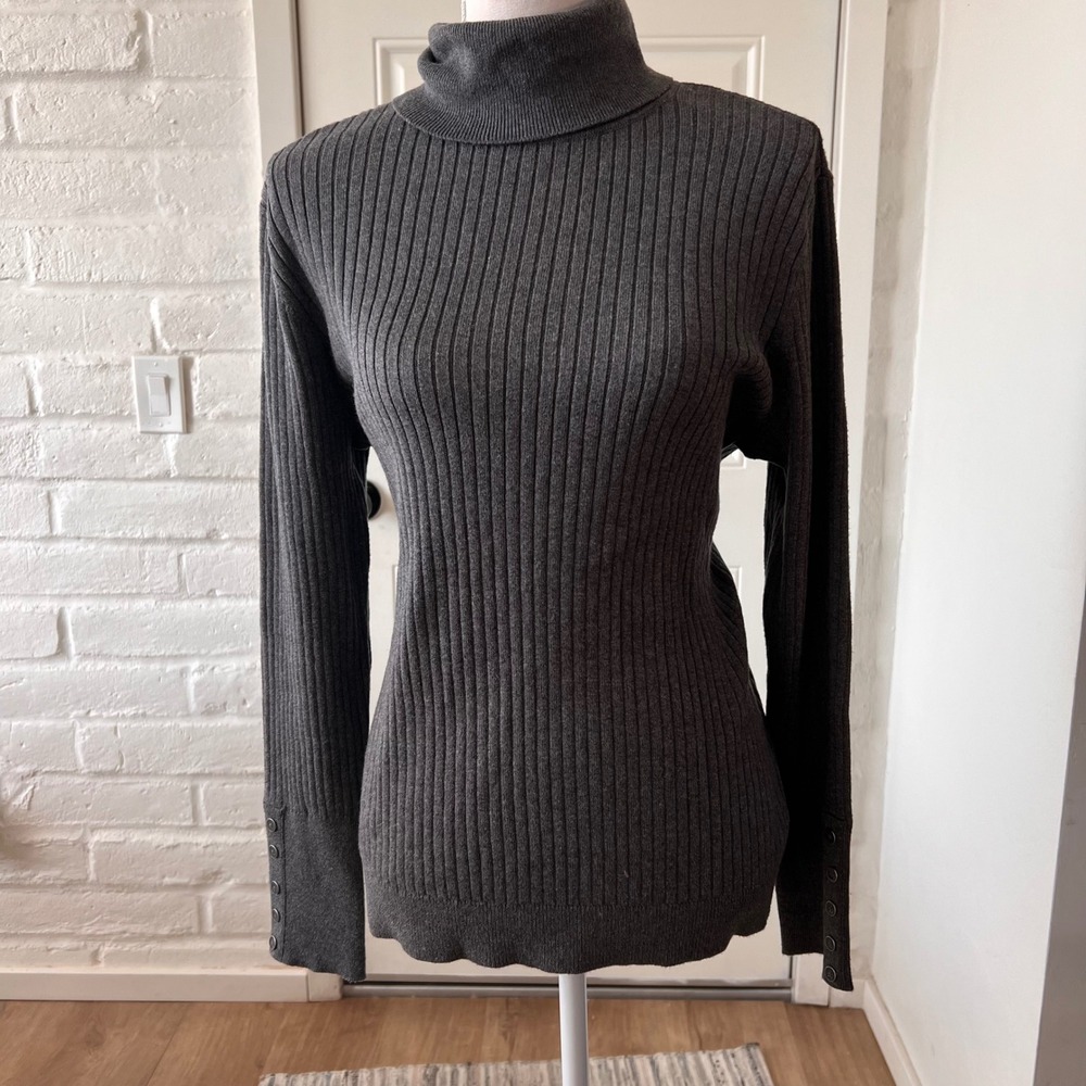 Talbots Women Gray Ribbed Turtleneck Sweater Button Cuff Cotton Blend Large